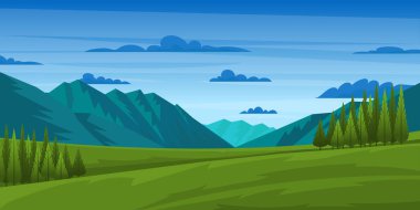 Dağları ve yeşil çayırı olan pitoresk dağlık arazi, vektör illüstrasyonu