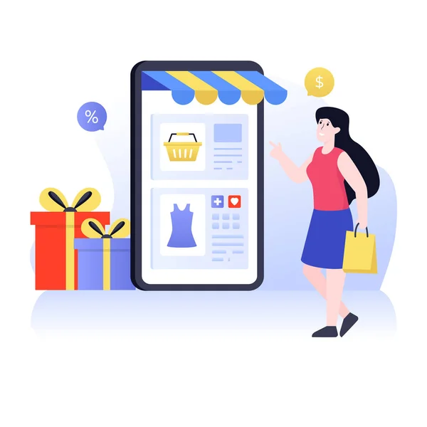 Compras Línea Diseño Plano Ilustración Vectorial — Vector de stock