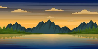 günbatımı manzarası dağlar, göl ve ormanla
