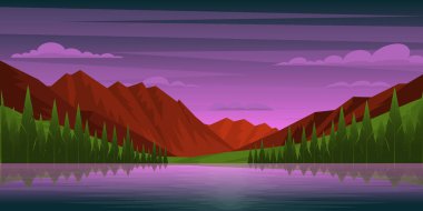 güzel göl manzarası, dağlar, yeşil orman ve gökyüzü, vektör çizimi