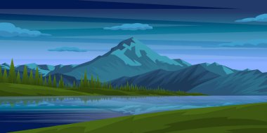 Dağlarla, nehirlerle ve ormanlarla gün batımı manzarası