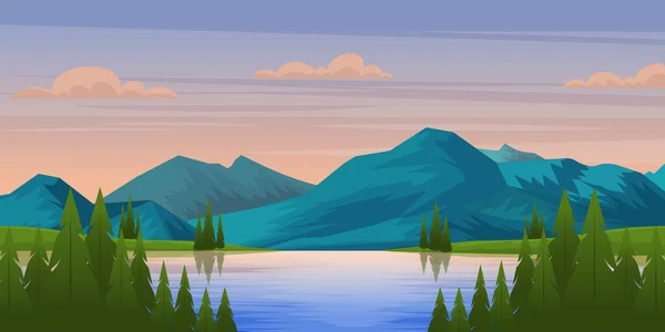 Malebná Alpská Krajina Horami Jezerem Vektorová Ilustrace — Stockový vektor