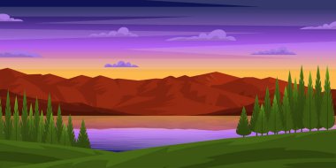 Dağlarda gölü olan güzel bir manzara, vektör illüstrasyonu 