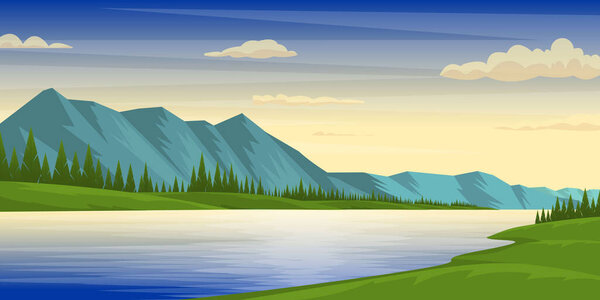 beautiful landscape of lake, mountains, green forest and sky, vector illustration