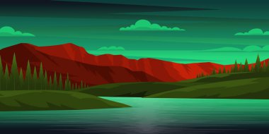 güzel göl manzarası, dağlar, yeşil orman ve gökyüzü, vektör çizimi