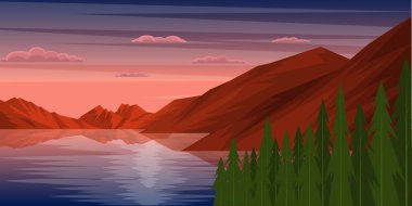 Göl ve dağlarla dolu güzel bir manzara, vektör çizimi