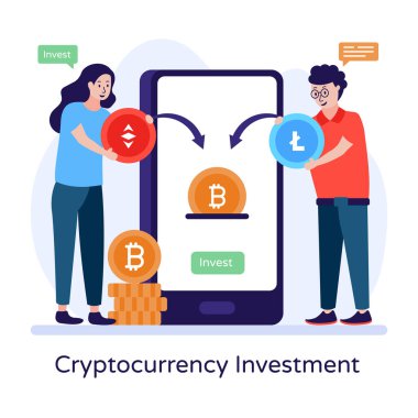 Kadın ve erkek, kripto para birimi simgeleri ve akıllı telefon. kripto para birimi yatırımı 