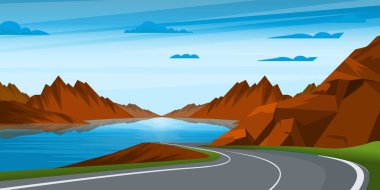 Göl, dağlık yol ve dağlarla kaplı güzel manzaranın çizimi