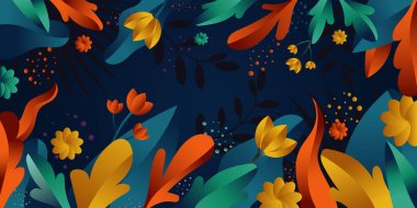 Parlak çiçekler ve yapraklarla soyut çiçek arkaplanı. vektör illüstrasyonu