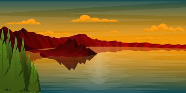 Dağlarda gölü olan güzel bir manzara, vektör illüstrasyonu 