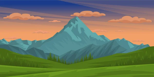 Pintoresco Paisaje Alpino Con Montañas Prado Verde Ilustración Vectorial — Vector de stock