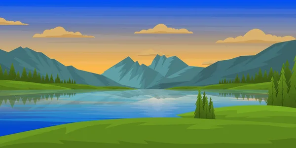 Bela Paisagem Com Montanhas Lago Ilustração Vetorial — Vetor de Stock