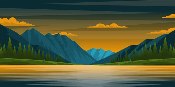 Bela Paisagem Com Montanhas Lago Ilustração Vetorial — Vetor de Stock