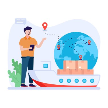 Elinde bir çanta dolusu mal ve kargo gemisi çizimi olan bir adam.