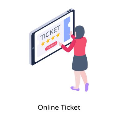 Genç bayanın elinde online bilet var, illüstrasyon