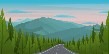 Dağları, ormanı ve yolu olan bir manzara.