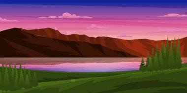 Dağlarda gölü olan güzel bir manzara, vektör illüstrasyonu 