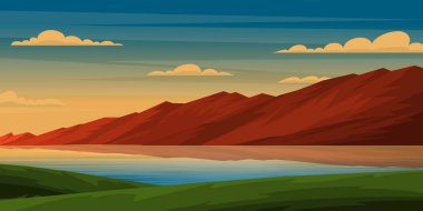 Dağlarda gölü olan güzel bir manzara, vektör illüstrasyonu 