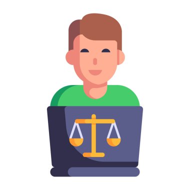 Dizüstü bilgisayarında adalet ve hukuk sembolü olan adam, vektör çizimi tasarımı