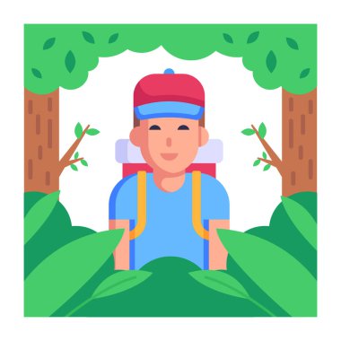 Ormanda sırt çantalı çocuk, vektör çizimi tasarımı.