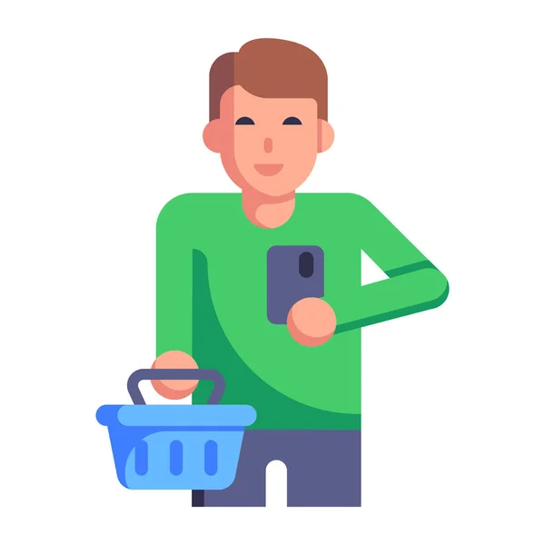 Hombre Con Carrito Compras Teléfono Inteligente Diseño Ilustración Vectores Compras — Vector de stock