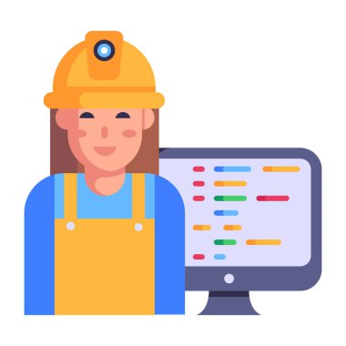 Dizüstü bilgisayarı ve kask vektör illüstrasyon tasarımı olan işçi