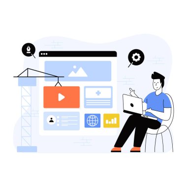 Web sitesi inşa konsepti. Bilgisayarlı adam. vektör illüstrasyonu