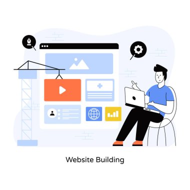 Web sitesi inşa konsepti. Bilgisayarlı adam. vektör illüstrasyonu