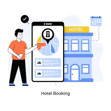 Otel rezervasyon karikatürü, vektör illüstrasyonu