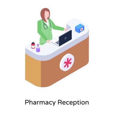 Eczane resepsiyon karikatürü, vektör illüstrasyonu