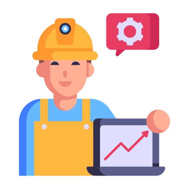 Dizüstü bilgisayarı ve kask vektör illüstrasyon tasarımı olan işçi