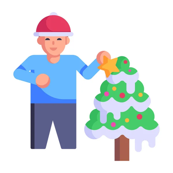 Glücklicher Junge Mit Weihnachtsmütze Und Baum Vektorillustration — Stockvektor