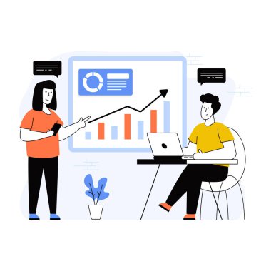 İş adamları dizüstü bilgisayar, vektör illüstrasyonu, iş danışmanı ile birlikte çalışıyor 