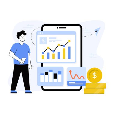 Akıllı telefon, vektör illüstrasyon grafik tasarımı, mobil iş konularında finansal tabloya sahip iş adamı