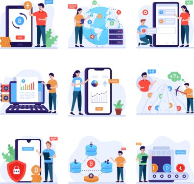  Bitcoin Dijital Elektronik Para Takası Para Toplama ve Madencilik Konsepti Simgeleri