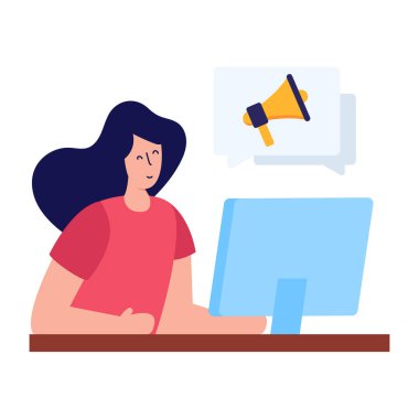 Dizüstü bilgisayarı ve megafon vektör illüstrasyon tasarımı olan kadın