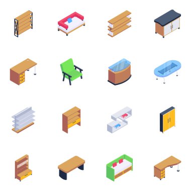 Farklı çekmeceler, mobilyalar ve diğer elementlerin vektör simgeleri. beyaz arkaplanda izole