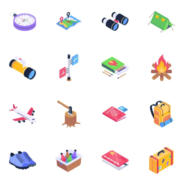 camping and recreation and equipment icons set. isometric illustration of vector icon for web