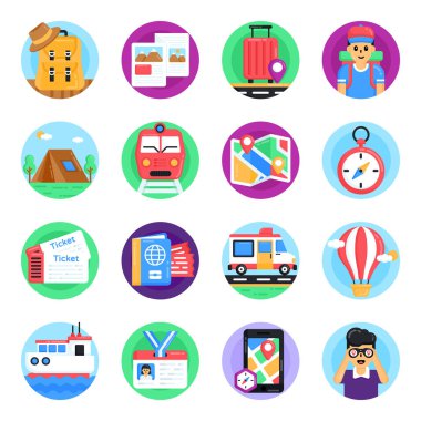 seyahat ve tatil simgeleri ayarlandı. düz dizayn. vektör illüstrasyonu