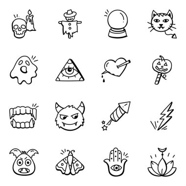 Cadılar Bayramı simgeleri ayarlandı. Beyaz arkaplanda izole edilmiş web tasarımı için basit biçim simgeleri