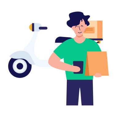 Akıllı telefon ve çanta vektör çizimine sahip teslimatçı.