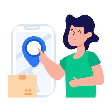 Akıllı telefonlu teslimatçı ve kutu vektör çizimi tasarımlı.