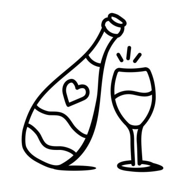 Şampanya şişesi ve kalp ikonu. Ağ için şarap kadehi vektör simgelerinin özet çizimi