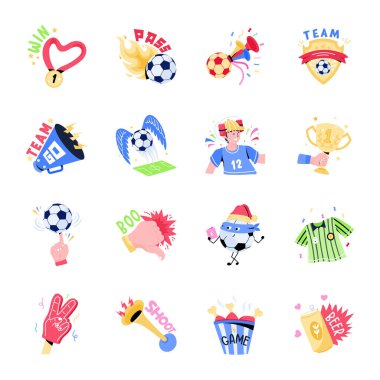 Futbol oyun ikonları. Web için 9 futbol vektör simgesinin karikatür çizimi