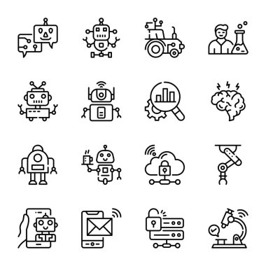 Robot ve bilim çizgisi simgeleri ayarlandı. vektör illüstrasyonu