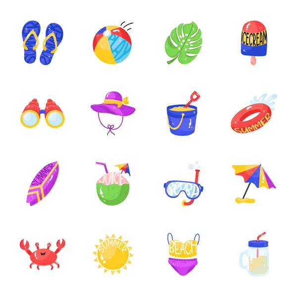 Yaz sahili ikonları hazır. Web için 36 tatil vektör sembolü biçimindeki çizgi film biçimi
