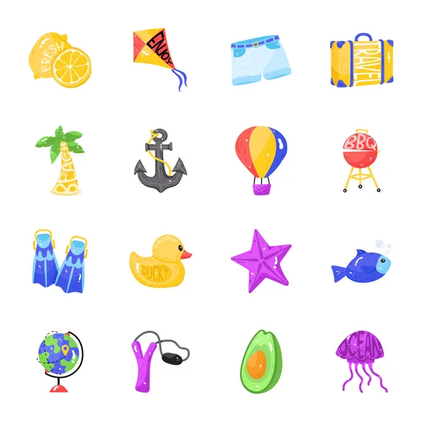 seyahat ve tatil simgeleri ayarlandı. Web için 25 plaj vektör simgesinin karikatür çizimi