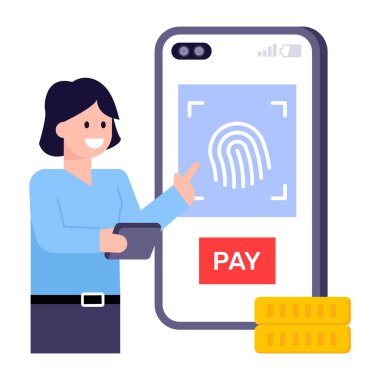 Akıllı telefonu ve parmak izi vektör çizimi olan bir kadın.