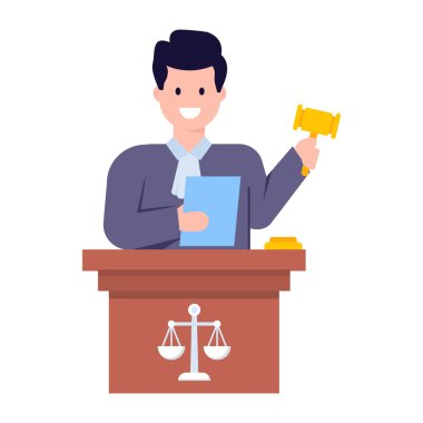 Kitap ve hukuk ikonu olan bir iş adamı. Web tasarımı için adalet vektör simgeleriyle hakim karikatürü