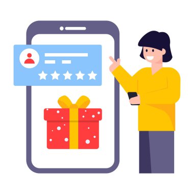 İnternetten alışveriş. Akıllı telefonu ve hediye kutusu çizimi olan kadın.